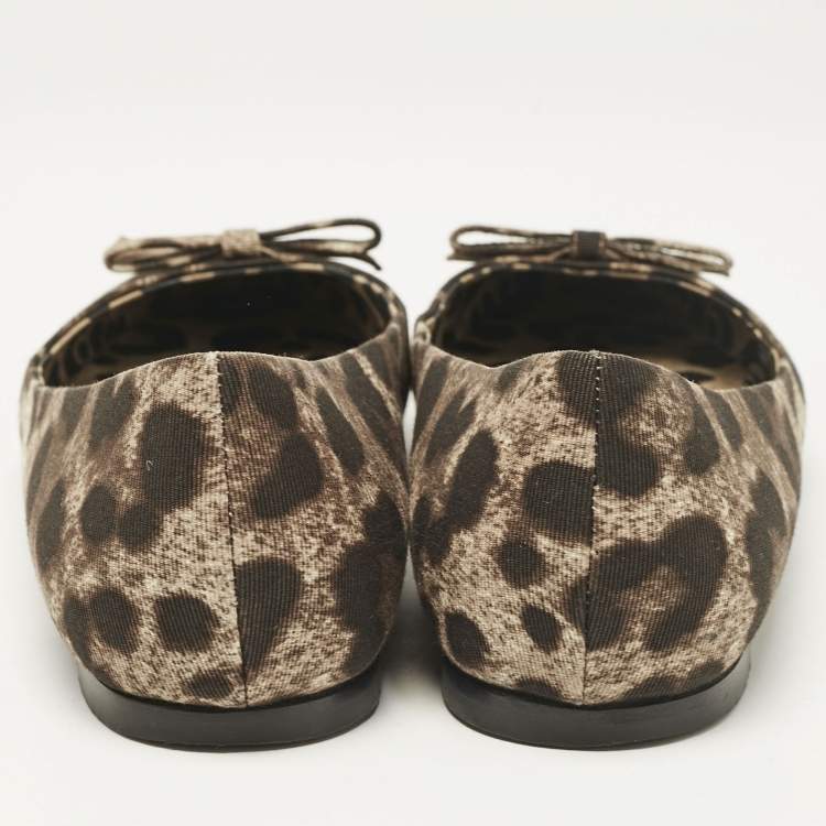 Pre Owned Dolce & Gabbana Brown Animal Print Canvas Bow Detail Ballet Flats Size 39.5