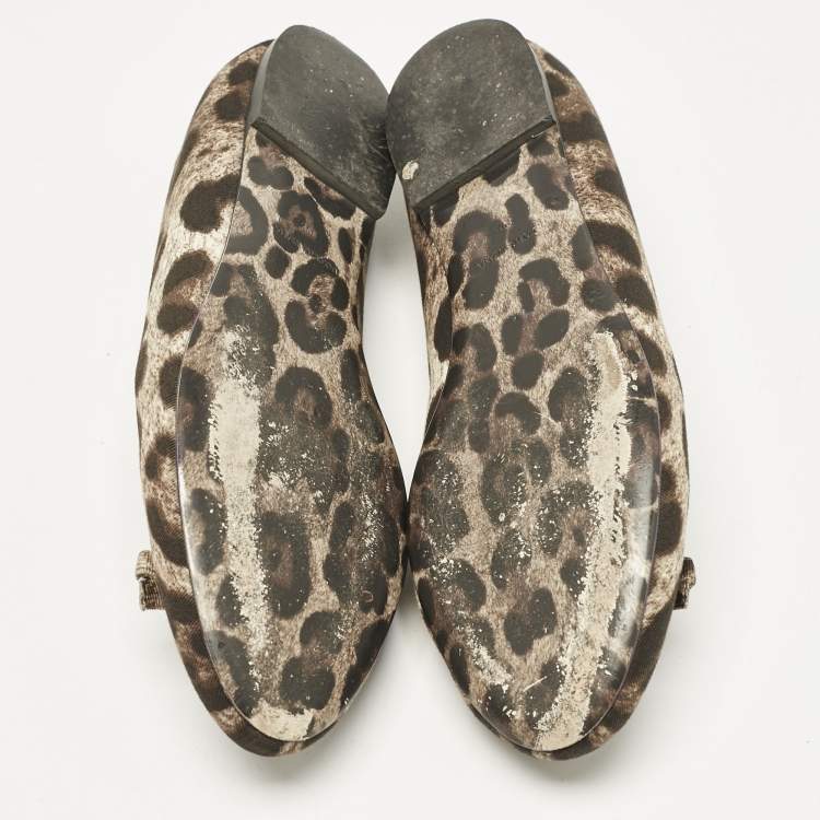 Pre Owned Dolce & Gabbana Brown Animal Print Canvas Bow Detail Ballet Flats Size 39.5