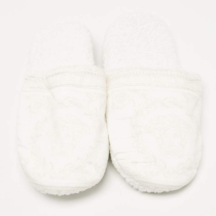 Pre Owned Versace White Fabric Towe Medusa Print Flat Slides Size L