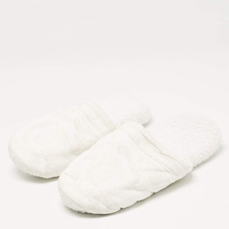 Pre Owned Versace White Fabric Towe Medusa Print Flat Slides Size L