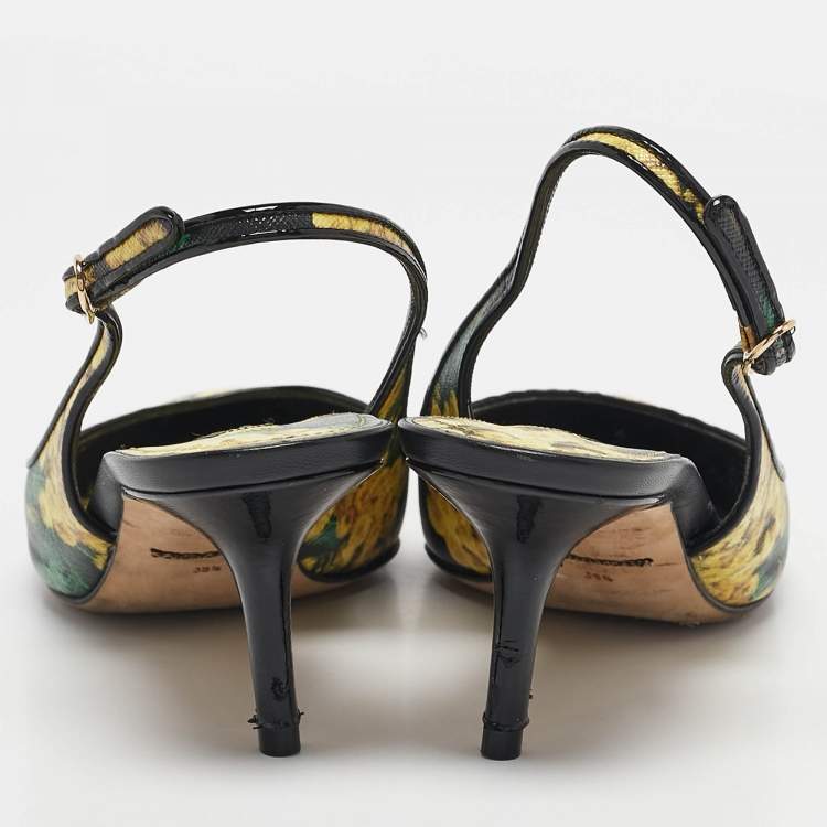 Pre Owned Dolce & Gabbana Yellow Floral Print Leather Slingback Pumps Size 38.5