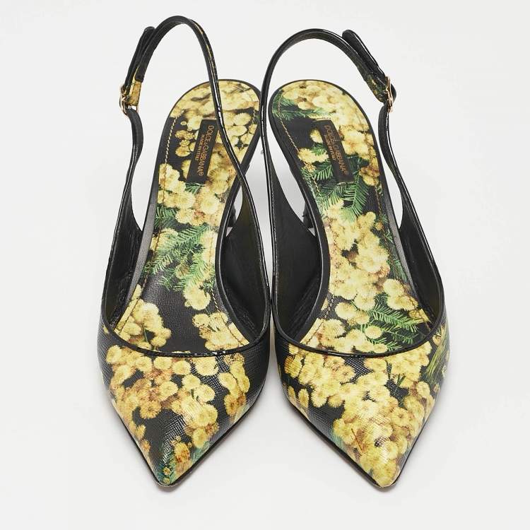Pre Owned Dolce & Gabbana Yellow Floral Print Leather Slingback Pumps Size 38.5