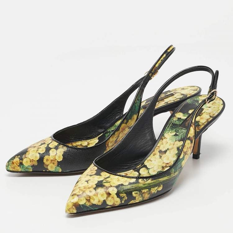 Pre Owned Dolce & Gabbana Yellow Floral Print Leather Slingback Pumps Size 38.5