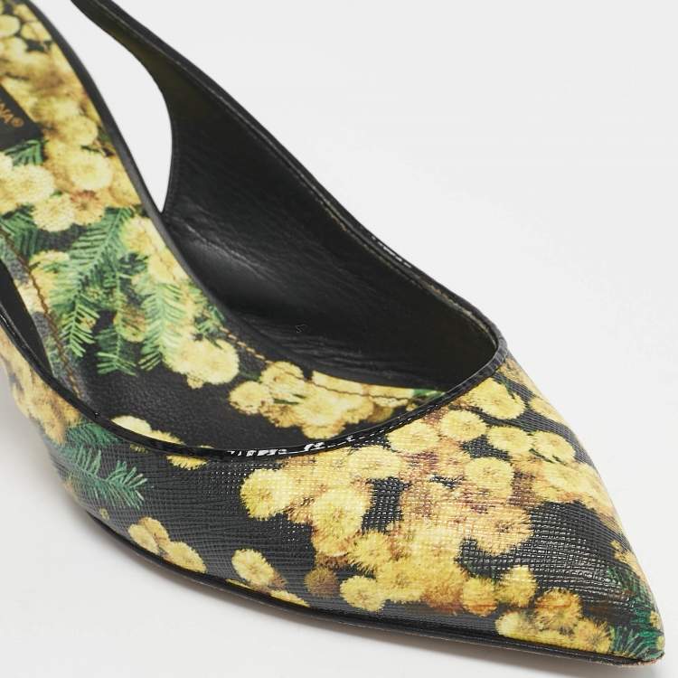 Pre Owned Dolce & Gabbana Yellow Floral Print Leather Slingback Pumps Size 38.5