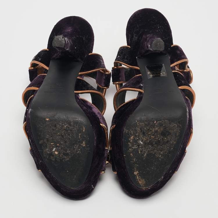 Pre Owned Dolce & Gabbana Purple Velvet And Leather Crystal Embellished Sandals Size 36