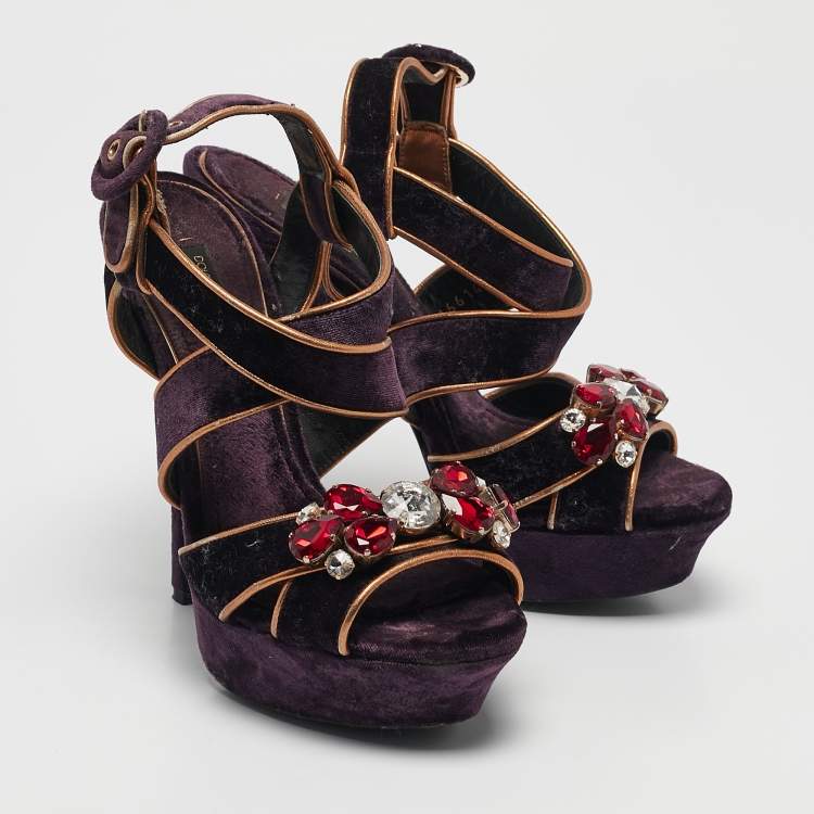 Pre Owned Dolce & Gabbana Purple Velvet And Leather Crystal Embellished Sandals Size 36