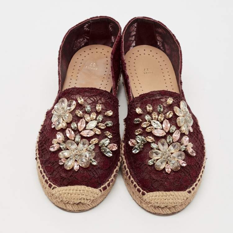 Pre Owned Dolce & Gabbana Burgundy Lace Embellished Espadrille Flats Size 37