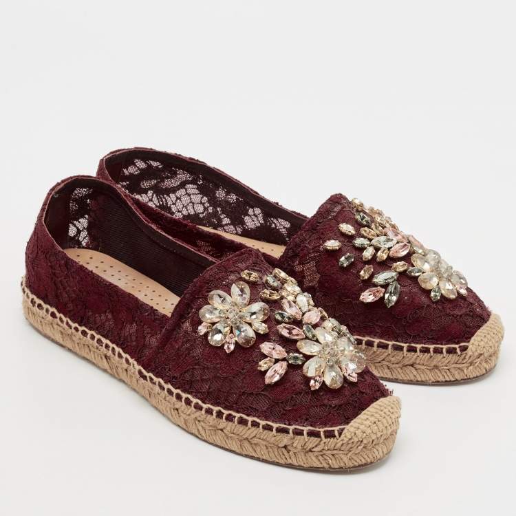 Pre Owned Dolce & Gabbana Burgundy Lace Embellished Espadrille Flats Size 37