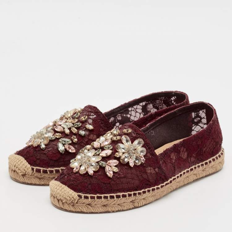 Pre Owned Dolce & Gabbana Burgundy Lace Embellished Espadrille Flats Size 37