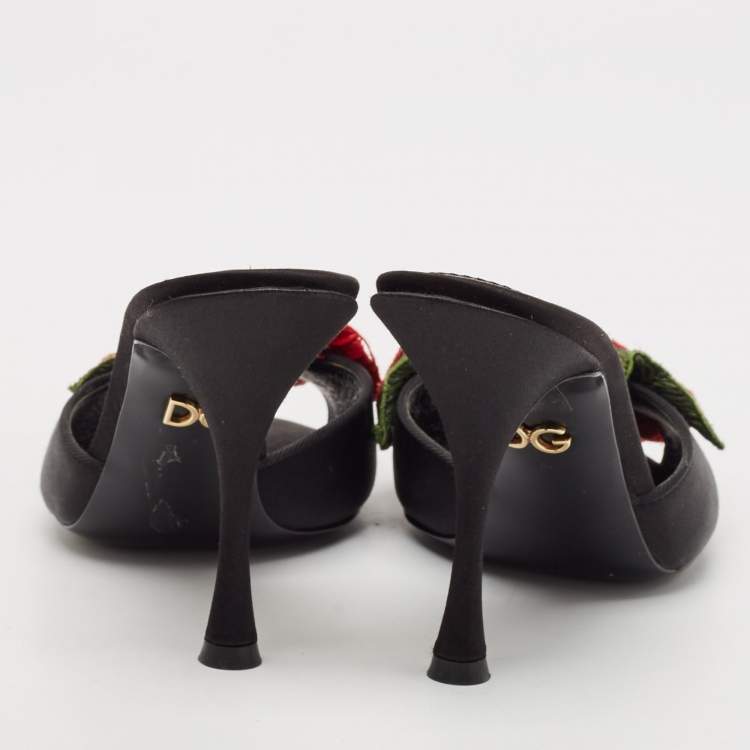 Pre Owned Dolce & Gabbana Black Satin Flower and Crystal Embellished Mules Size 36 