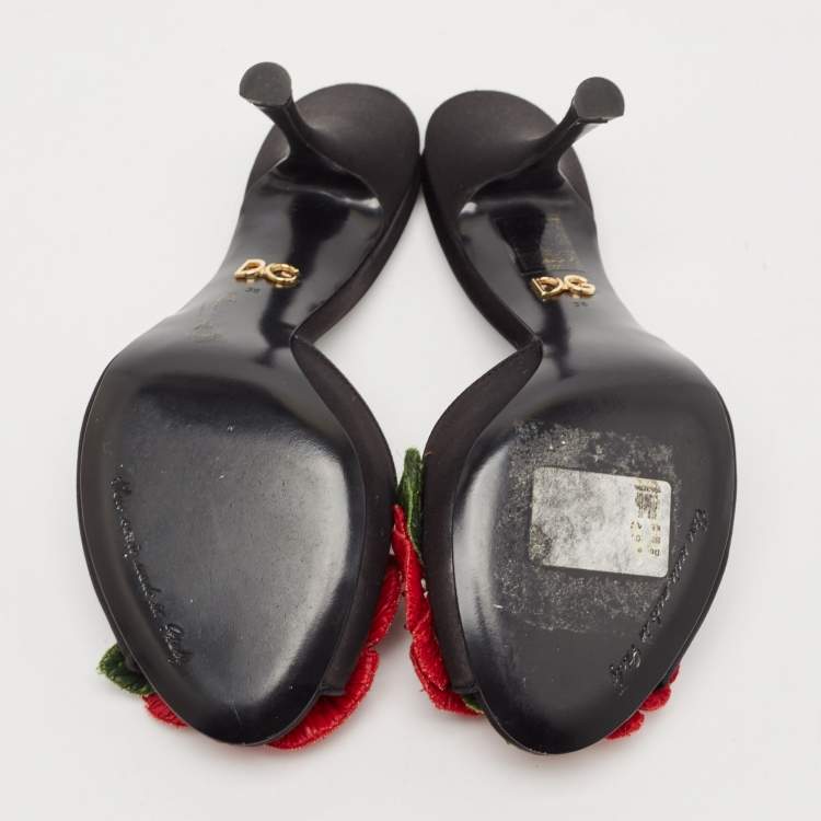Pre Owned Dolce & Gabbana Black Satin Flower and Crystal Embellished Mules Size 36 