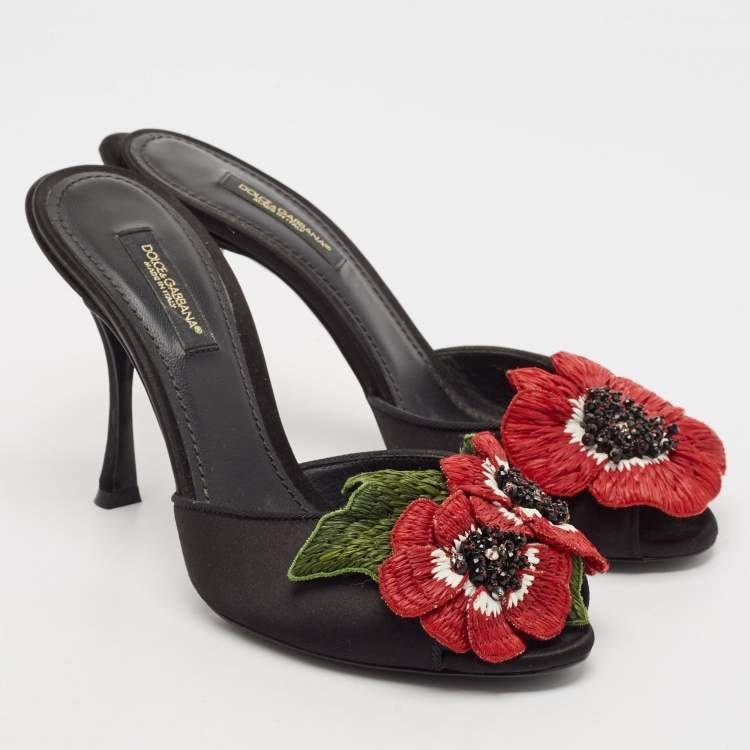 Pre Owned Dolce & Gabbana Black Satin Flower and Crystal Embellished Mules Size 36 