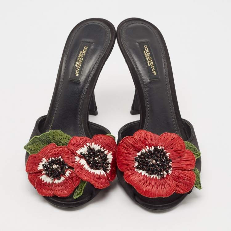 Pre Owned Dolce & Gabbana Black Satin Flower and Crystal Embellished Mules Size 36 