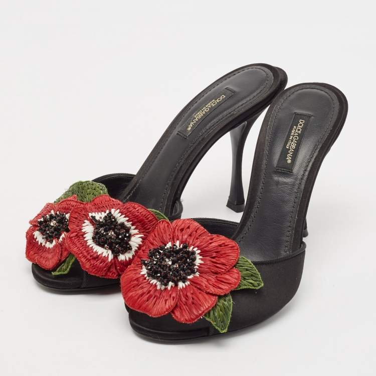 Pre Owned Dolce & Gabbana Black Satin Flower and Crystal Embellished Mules Size 36 