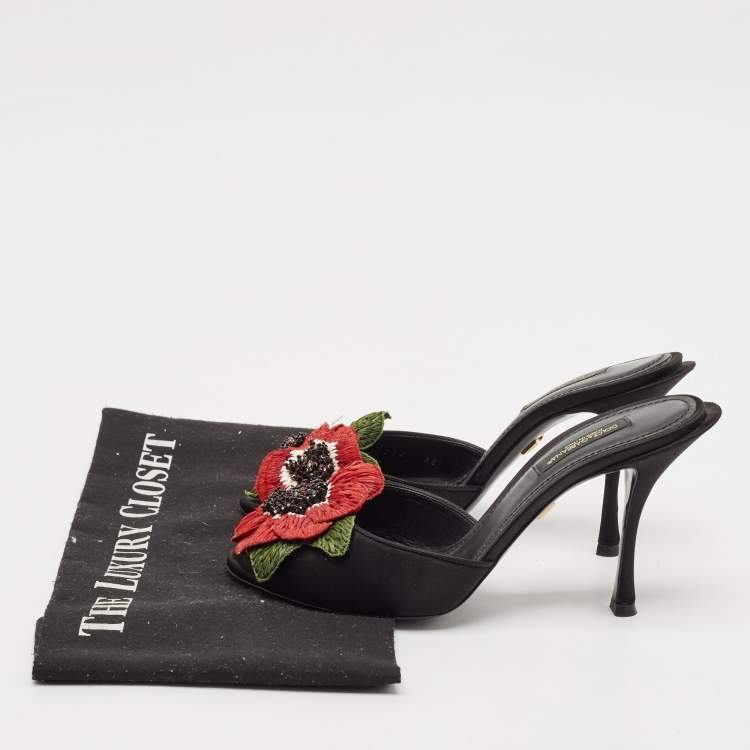 Pre Owned Dolce & Gabbana Black Satin Flower and Crystal Embellished Mules Size 36 