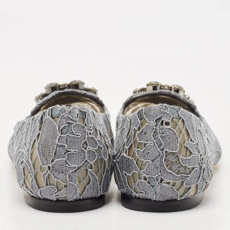 Pre Owned Dolce & Gabbana Grey Lace Crystal Embellished Taormina Ballet Flats Size 38.5