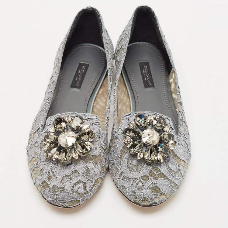 Pre Owned Dolce & Gabbana Grey Lace Crystal Embellished Taormina Ballet Flats Size 38.5
