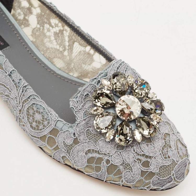 Pre Owned Dolce & Gabbana Grey Lace Crystal Embellished Taormina Ballet Flats Size 38.5