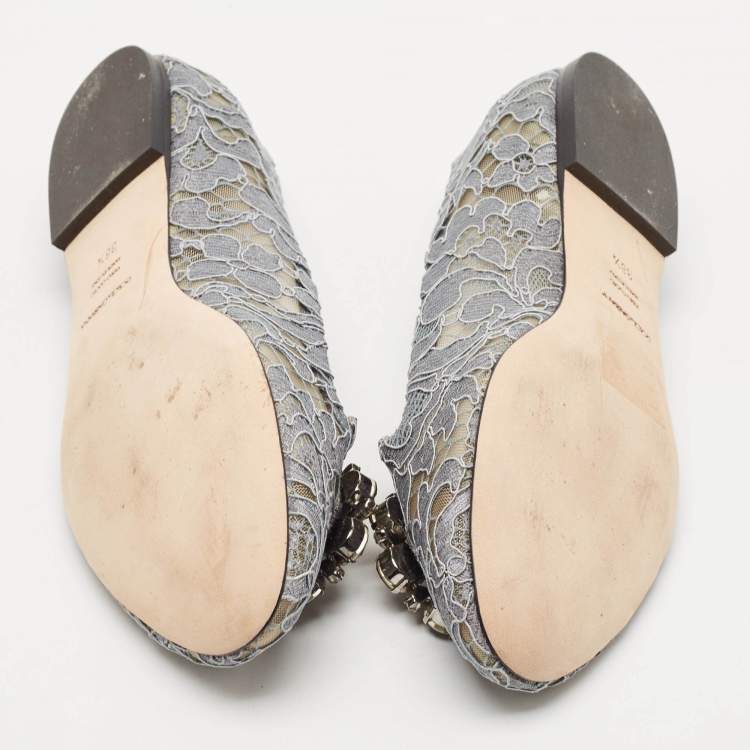 Pre Owned Dolce & Gabbana Grey Lace Crystal Embellished Taormina Ballet Flats Size 38.5