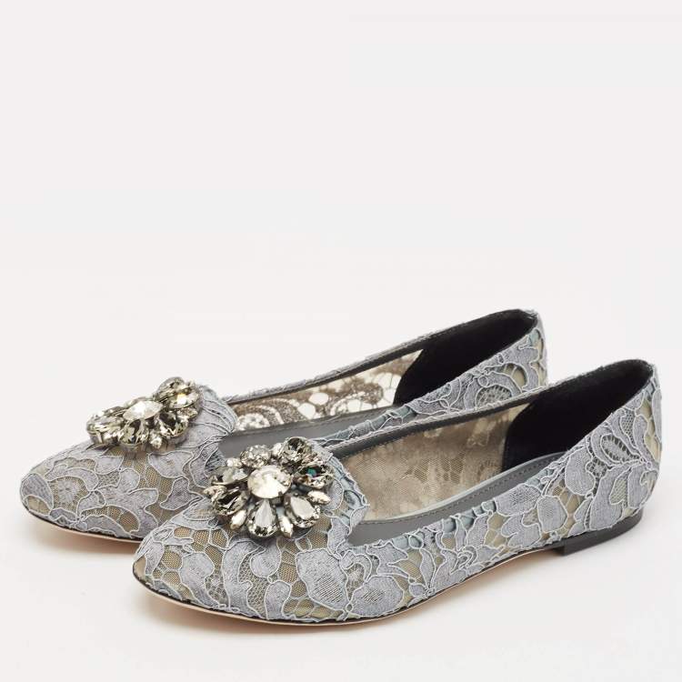 Pre Owned Dolce & Gabbana Grey Lace Crystal Embellished Taormina Ballet Flats Size 38.5