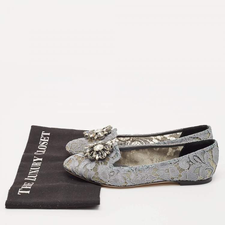 Pre Owned Dolce & Gabbana Grey Lace Crystal Embellished Taormina Ballet Flats Size 38.5