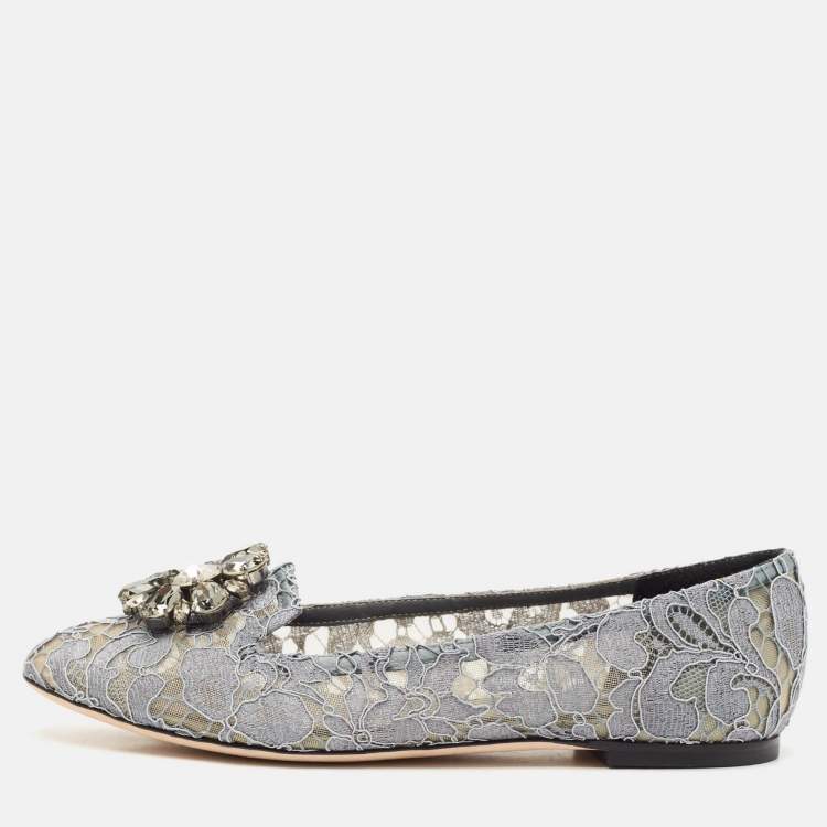 Pre Owned Dolce & Gabbana Grey Lace Crystal Embellished Taormina Ballet Flats Size 38.5