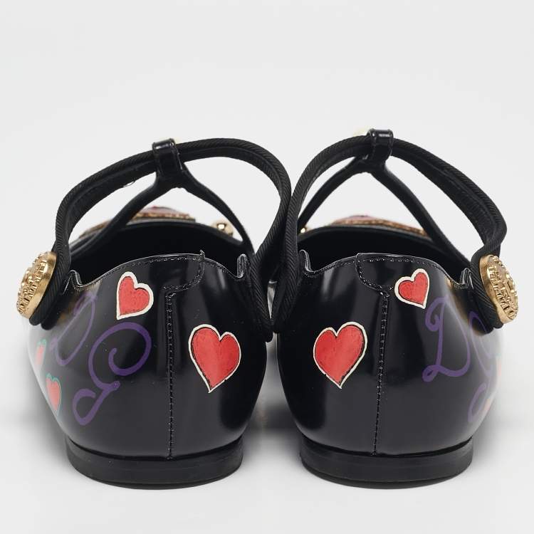 Pre Owned Dolce & Gabbana Black Leather Arrow Heart Ballet Flats Size 37