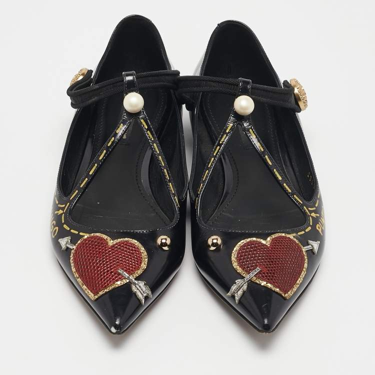 Pre Owned Dolce & Gabbana Black Leather Arrow Heart Ballet Flats Size 37