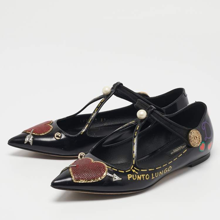 Pre Owned Dolce & Gabbana Black Leather Arrow Heart Ballet Flats Size 37