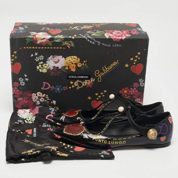 Pre Owned Dolce & Gabbana Black Leather Arrow Heart Ballet Flats Size 37