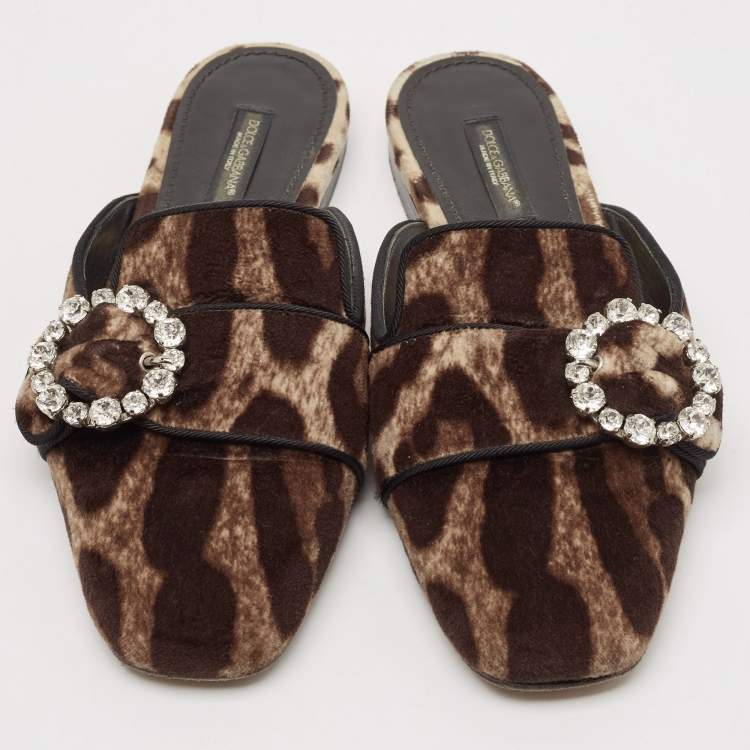 Pre Owned Dolce & Gabbana Brown Leopard Print Velvet Crystal Embellished Mules Size 36