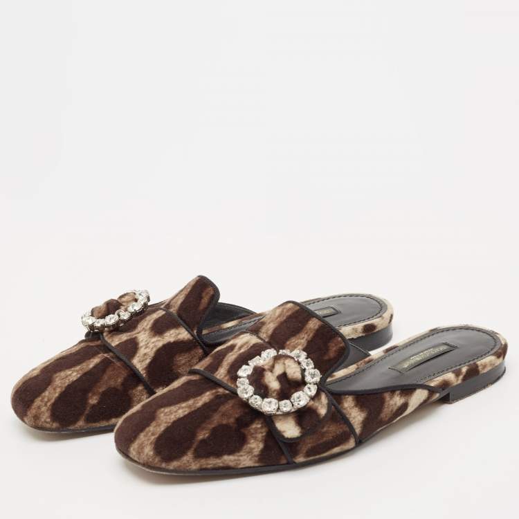 Pre Owned Dolce & Gabbana Brown Leopard Print Velvet Crystal Embellished Mules Size 36