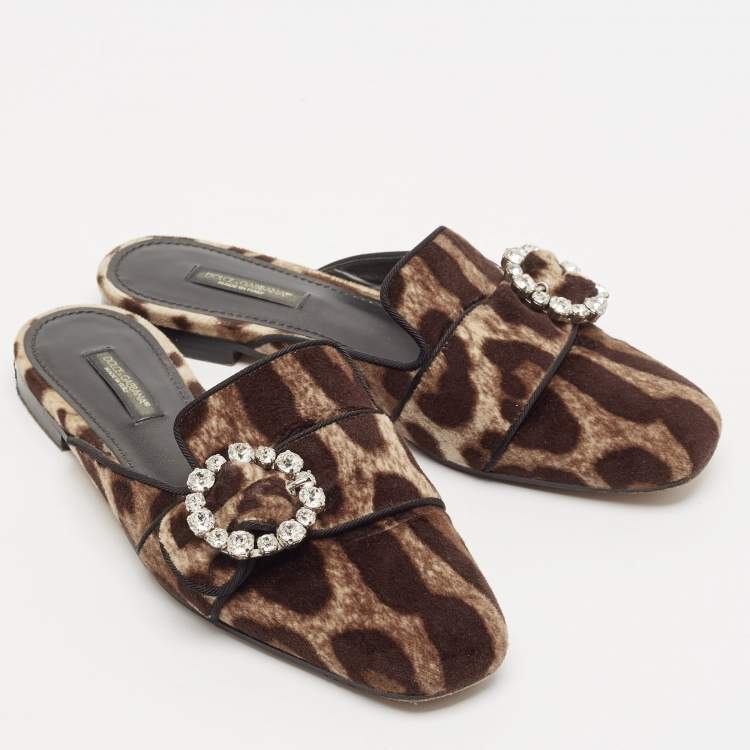 Pre Owned Dolce & Gabbana Brown Leopard Print Velvet Crystal Embellished Mules Size 36