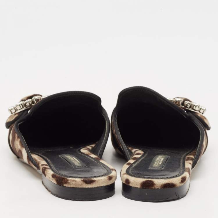 Pre Owned Dolce & Gabbana Brown Leopard Print Velvet Crystal Embellished Mules Size 36