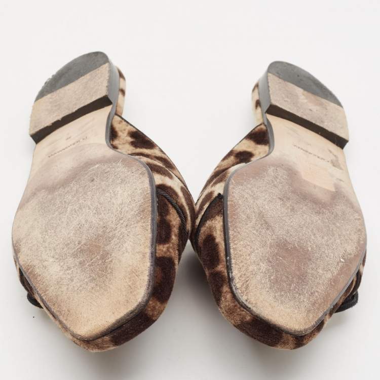 Pre Owned Dolce & Gabbana Brown Leopard Print Velvet Crystal Embellished Mules Size 36