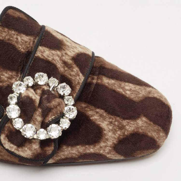 Pre Owned Dolce & Gabbana Brown Leopard Print Velvet Crystal Embellished Mules Size 36