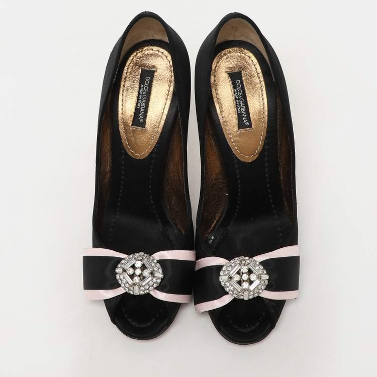 Pre Owned Dolce & Gabbana Black Satin Crystal Bow Embellished Pumps Size 36