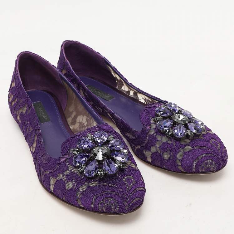 Pre Owned Dolce & Gabbana Purple Lace Crystal Embellished Taormina Ballet Flats Size 38