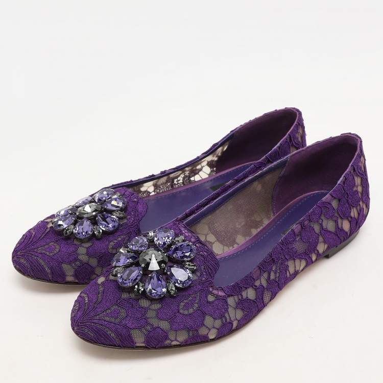 Pre Owned Dolce & Gabbana Purple Lace Crystal Embellished Taormina Ballet Flats Size 38