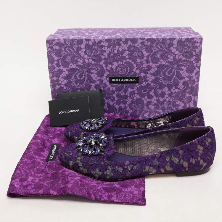 Pre Owned Dolce & Gabbana Purple Lace Crystal Embellished Taormina Ballet Flats Size 38