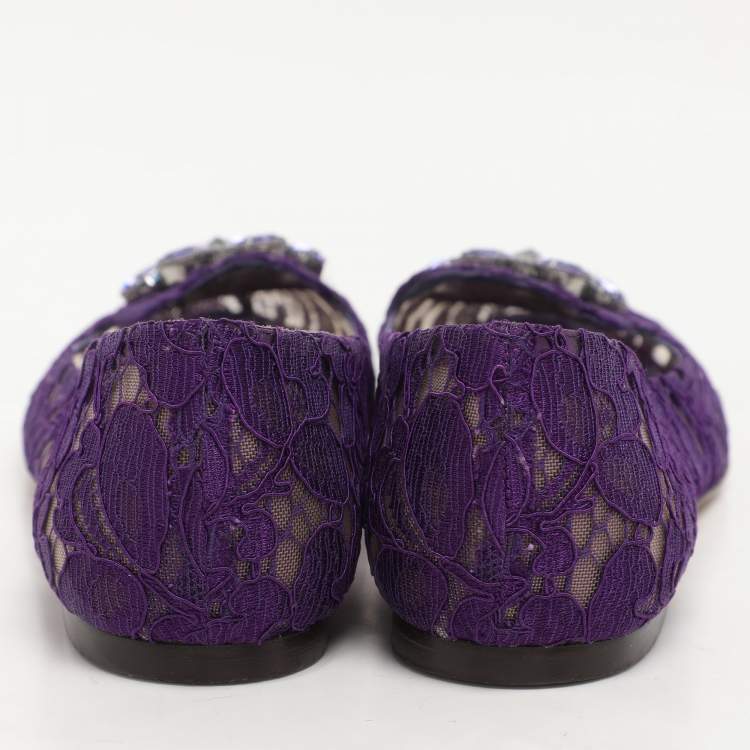 Pre Owned Dolce & Gabbana Purple Lace Crystal Embellished Taormina Ballet Flats Size 38
