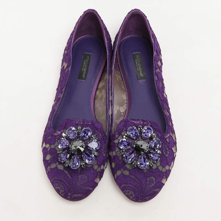 Pre Owned Dolce & Gabbana Purple Lace Crystal Embellished Taormina Ballet Flats Size 38
