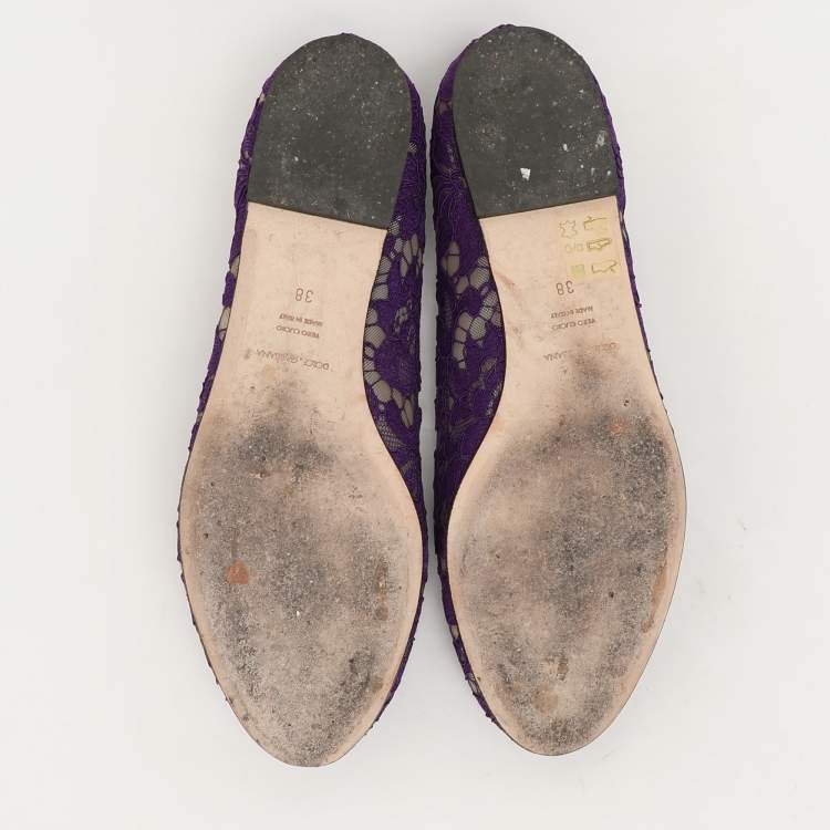 Pre Owned Dolce & Gabbana Purple Lace Crystal Embellished Taormina Ballet Flats Size 38