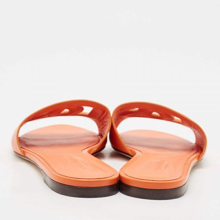 Pre Owned Dolce & Gabbana Orange Leather DG Cut Out Logo Flat Slides Size 39