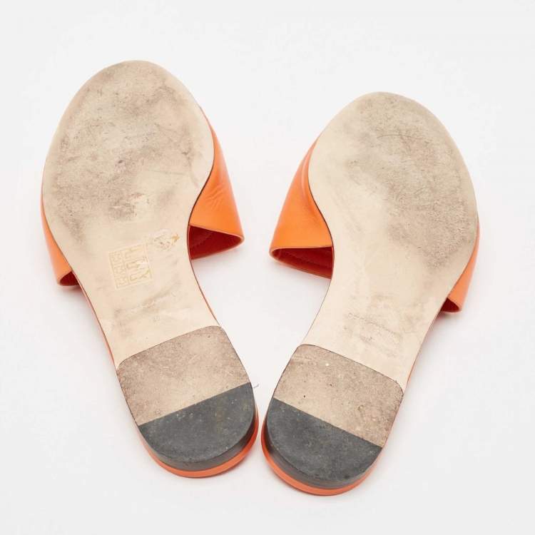 Pre Owned Dolce & Gabbana Orange Leather DG Cut Out Logo Flat Slides Size 39