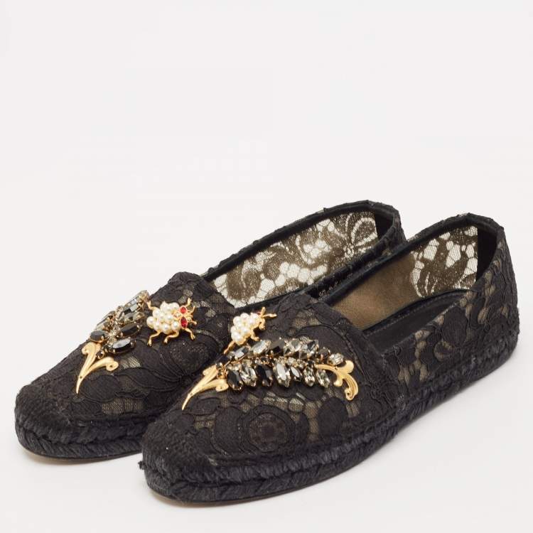 Pre Owned Dolce & Gabbana Black Lace Crystal Embellished Espadrille Flats Size 37