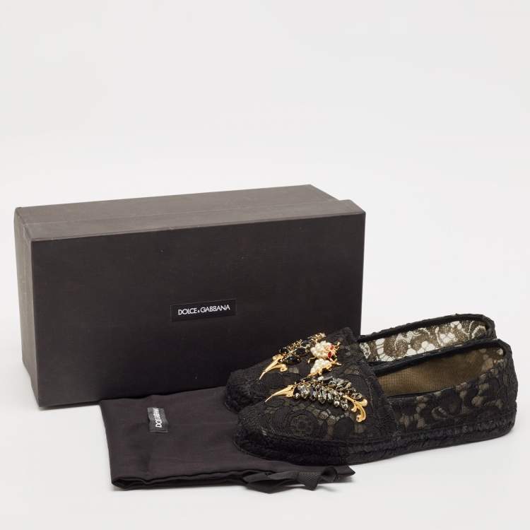 Pre Owned Dolce & Gabbana Black Lace Crystal Embellished Espadrille Flats Size 37