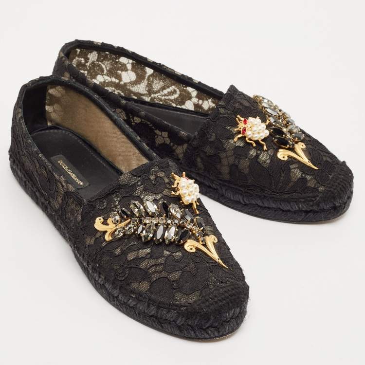 Pre Owned Dolce & Gabbana Black Lace Crystal Embellished Espadrille Flats Size 37