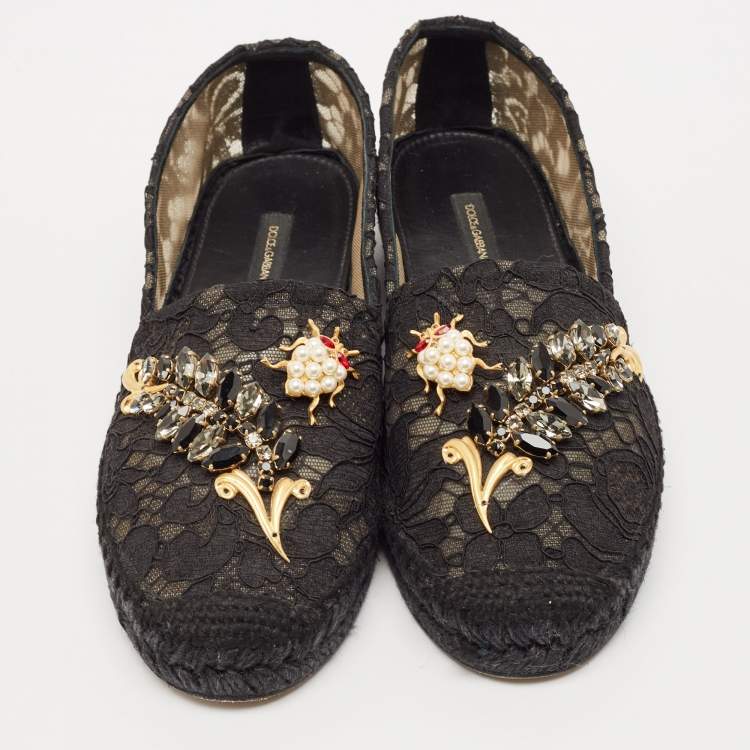 Pre Owned Dolce & Gabbana Black Lace Crystal Embellished Espadrille Flats Size 37
