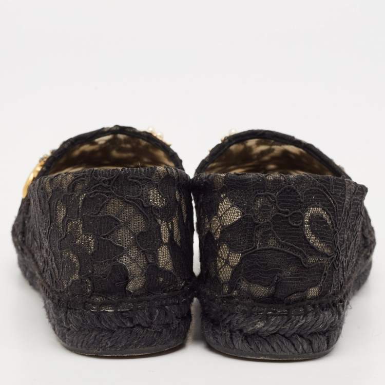 Pre Owned Dolce & Gabbana Black Lace Crystal Embellished Espadrille Flats Size 37